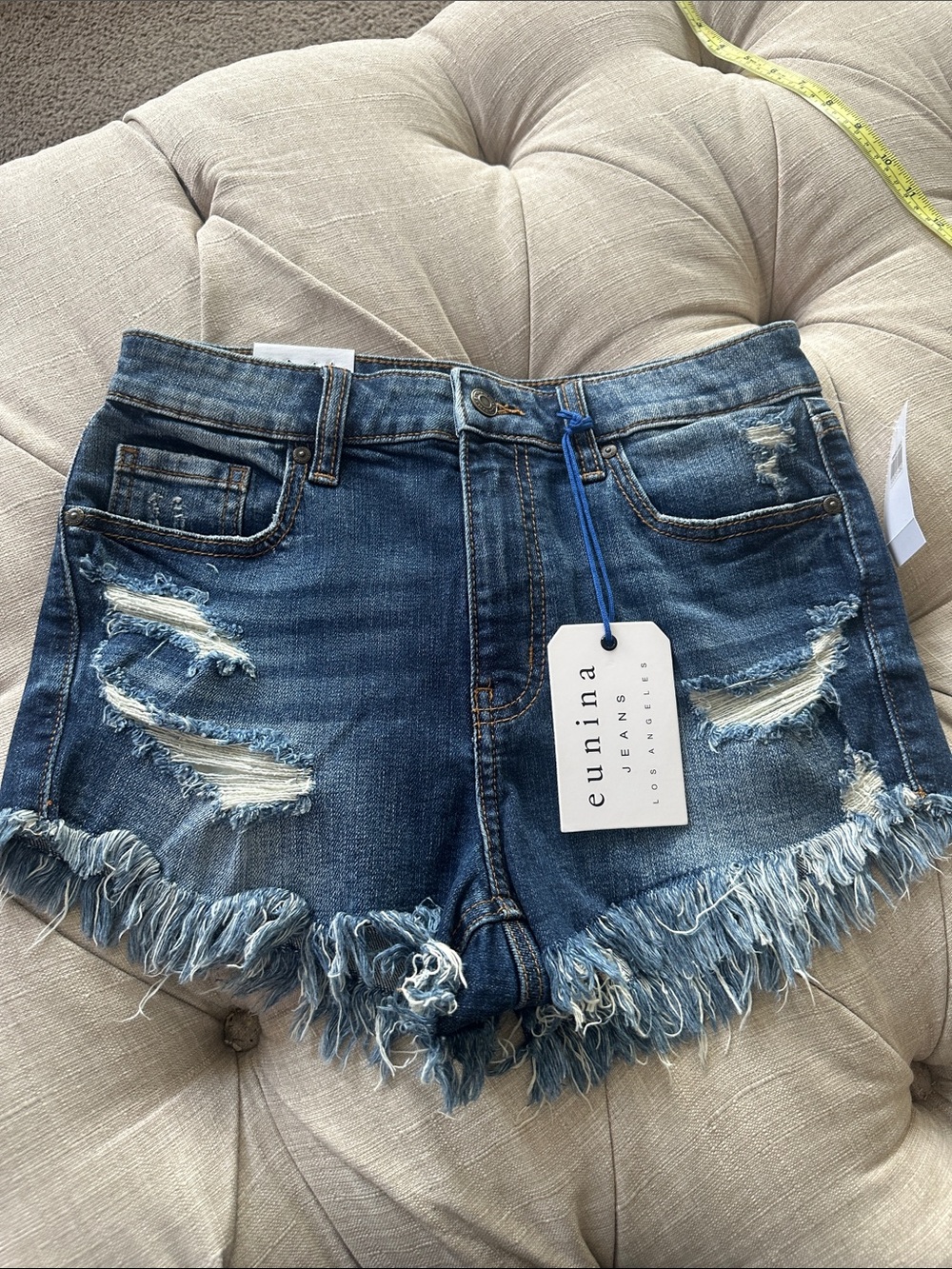 eunina Distressed Frayed Hem Denim Shorts in Blue